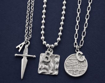 Silver Initial Necklace Mens, Silver Necklace for Men, Silver Pendant Necklace Mens Jewellery, Stainless Steel Chain, Initial Charm Necklace