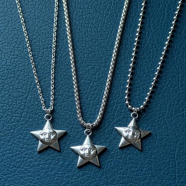 Star Face Necklace Silver, Whimsy Celestial Pendant Necklace, Mystical Jewellery, Whimsigoth Charm Necklace, Stainless Steel Waterproof star