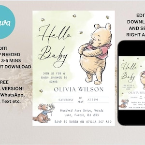 Winnie the Pooh Baby Shower Invitation: Greenery Theme (Digital Download)