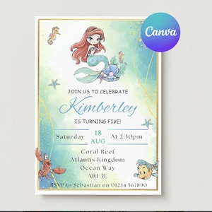 Invitation d'anniversaire de petite sirène, invitation de la princesse Ariel, modèle d'invitation de princesse, invitation modifiable, téléchargement immédiat