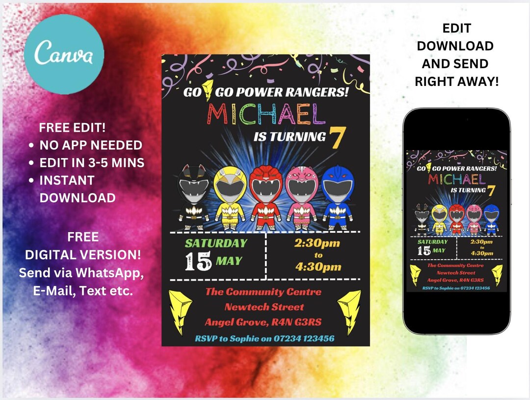 Invitación de cumpleaños de los Power Rangers: Invitación editable ...