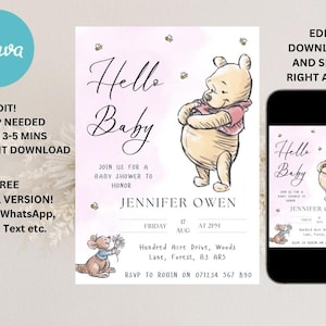 Winnie the Pooh Baby Shower Invitation: Pink Floral Design (Digital Download)