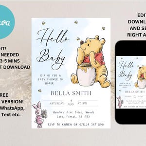 Winnie the Pooh Baby Shower Invitation: Blue Theme, Editable Template (Digital Download)