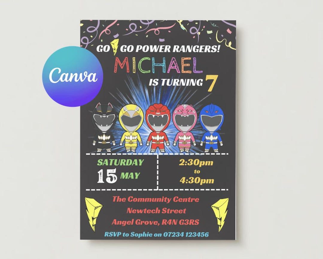 Invitación de cumpleaños de los Power Rangers, invitación de los Power ...