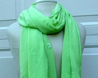B quality dupatta scarf/lime green sequins embroidery Vintage Indian large scarf/Bohemian veil material/sheer woman Indian dupatta scarf