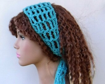 Aqua blue Dread headband dreadband head hair band wrap scarf hippie crochet bandana, light teal blue tie head band