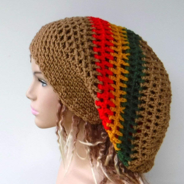 Very Slouchy Hat/Handmade Dread Hat Dreadlocks Beanie Light Brown Rasta Stripes Tam Women or Men Jamaican Colors Slouchy Beanie Hat