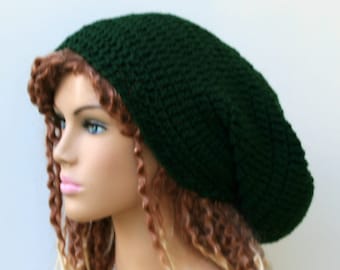 Dark green WOOL slouchy beanie Hat crochet winter hat Dread Tam Beanie men hat, women beanie, forest green slouch beanie, starter dread tam