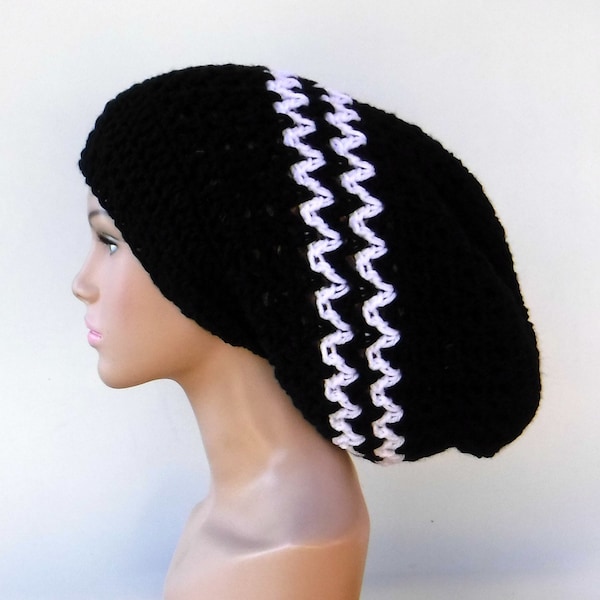 Long slouchy beanie, Dread Tam hat, black white slouchy hat, Dreadlocks beanie, black sock snood tam, man woman beanie hat, slouch hat