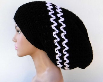 Long slouchy beanie, Dread Tam hat, black white slouchy hat, Dreadlocks beanie, black sock snood tam, man woman beanie hat, slouch hat