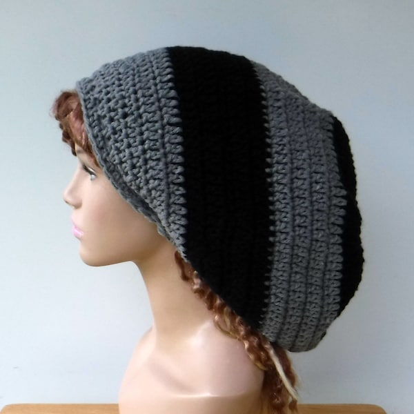 Dread Tam, wide slouchy beanie, black grey Slouchy Beanie Tam, Bohemian dreadlocks Hat rasta baggy hat, slouch hat, man or woman slouchy hat