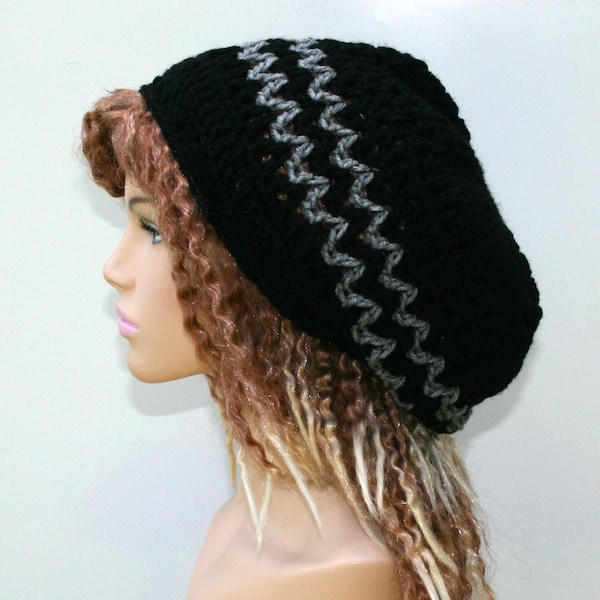 Black gray slouchy beanie, small dread tam hat, hippie slouchy hat, slouch beanie, small dreadlocks hat, black vegan man hat, woman beanie