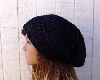 Soft navy blue snood slouchy hat women/hippie slouchy beanie women/small dreadlocks tam hat/hairnet beanie hat/dark blue crochet beanie hat