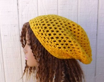 Soft yellow snood slouchy hat women/hippie slouchy beanie women/small dreadlocks tam hat/hairnet beanie hat/sunshine crochet beanie hat