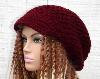 Visor Slouchy Beanie Women/Soft Dark Wine Newsboy Hat Women/Burgundy Smaller Dreadlocks Hat/Billed Slouchy Hat/ Dread Tam with Visor Vegan