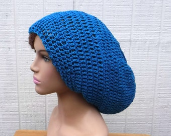 Dark Turquoise Blue Slouchy Beanie women/Long Dread Tam Hat/Slouchy Hat for Men/Bohemian woman man slouch beanie handmade cotton