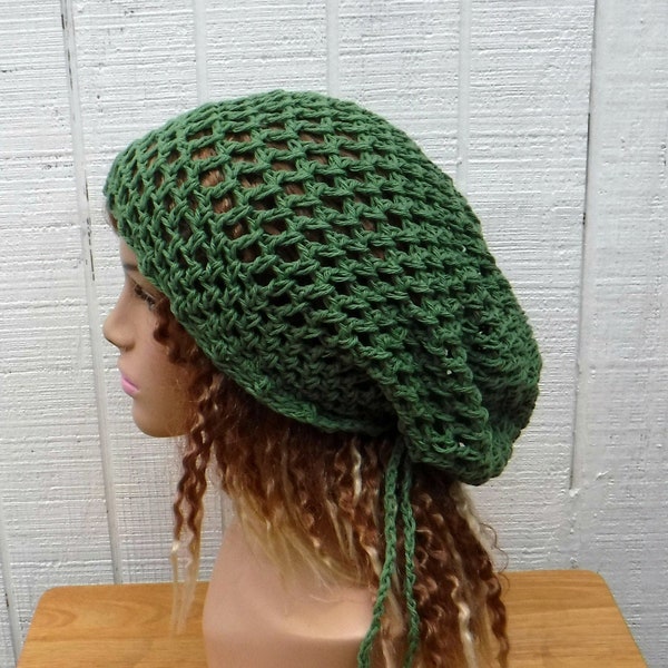 Sage Green Cotton Slouchy Beanie Women/Hippie Smaller Dread Tam Snood Hat woman or for men/Slouchy Hat Women/Open Stitch Beanie Hat Handmade