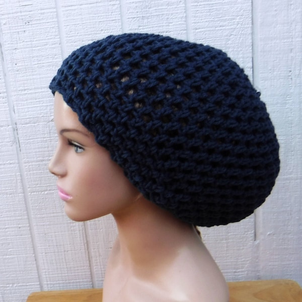 Soft dark denim blue slouchy hat women/hippie slouchy beanie women/small dreadlocks tam hat/hairnet beanie hat/jeans blue crochet beanie hat