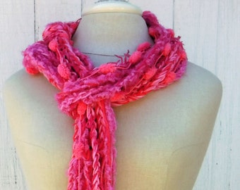 Pink Coral scarf women/OOAK women crochet spring scarf women/braids fringe Scarf skinny Boho Bohemian Hippy neck piece/spring handmade scarf