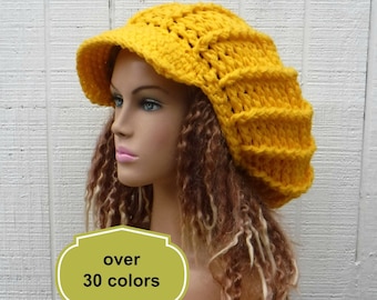 Soft Poofy newsboy hat women choose from 32 colors/visor beanie hat/custom crochet billed slouchy beanie/newsboy cap/slouchy hat women vegan