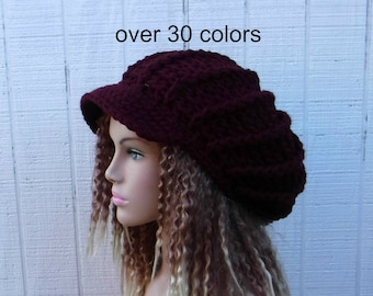 Soft Poofy newsboy hat women 32 colors available/visor beanie hat/custom crochet billed slouchy beanie/newsboy cap/slouchy hat women vegan