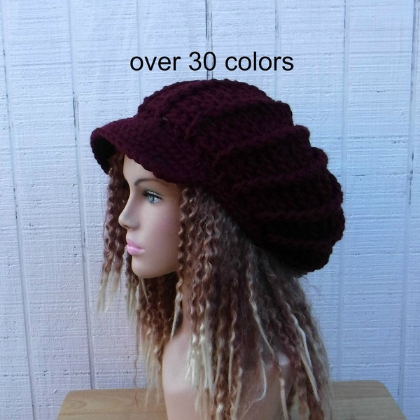 Soft Poofy newsboy hat women 32 colors available/visor beanie hat/custom crochet billed slouchy beanie/newsboy cap/slouchy hat women vegan