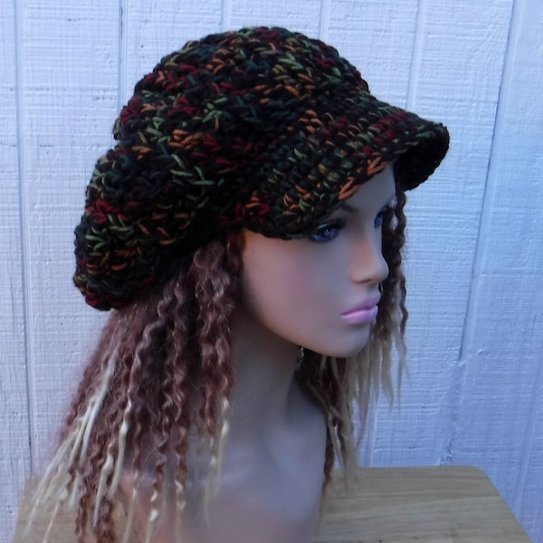 Woman or man newsboy cap, Fall brown autumn Cap Visor Tam Hat Hippie Slouchy Newsboy hat, beaned beanie handmade crochet, newsboy hat women