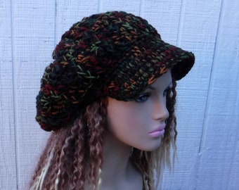 Woman or man newsboy cap, Fall brown autumn Cap Visor Tam Hat Hippie Slouchy Newsboy hat, beaned beanie handmade crochet, newsboy hat women