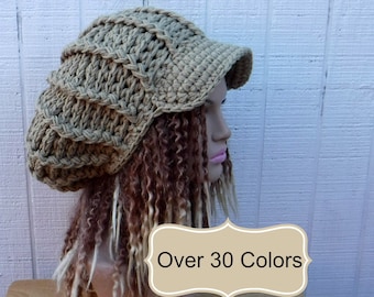 Soft Poofy newsboy hat women choose from 32 colors/visor beanie hat/custom crochet billed slouchy beanie/newsboy cap/slouchy hat women vegan