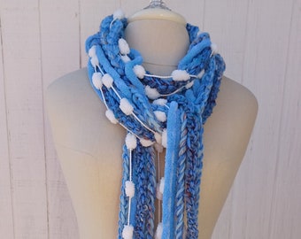 Blue Jeans scarf women/OOAK women crochet spring scarf women/braids fringe Scarf skinny Boho Bohemian Hippy neck piece/handmade scarf women