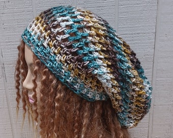 Weekend cotton snood slouchy hat/medium women Dread Tam cotton net beach hat/Slouchy Beanie summer beanie hat/Emerald Pine cotton beanie
