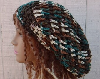 Katoenen slouchy hoed vrouwen/Teal bruin crème snood hoed vrouwen/zomer muts hoed/kleine dreadlocks hoed/kleine dread tam/slouchy muts vrouwen