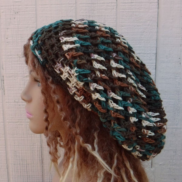 Cotton slouchy hat women/Teal brown cream snood hat women/summer beanie hat/small dreadlocks hat/small dread tam/slouchy beanie women