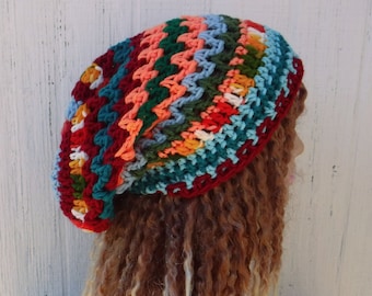 OOAK Retro Hippie Slouchy Mütze Frauen/Patchwork kleiner Dread Tam Hut/Dreadlocks Mütze/Eclectic Mix Mütze/Slouchy OOAK Mütze/Slouchy Mütze Frauen