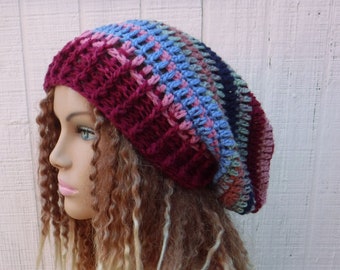 OOAK BoHo slouchy beanie women/patchwork smaller Dread tam hat/small dreadlocks hat women/jeans red stripes slouchy hat women OOAK