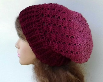 Roses slouchy beanie, woman slouchy hat/dark light pink crochet beanie/woman slouch hat/slouchy beanie/vegan handmade/winter women hat