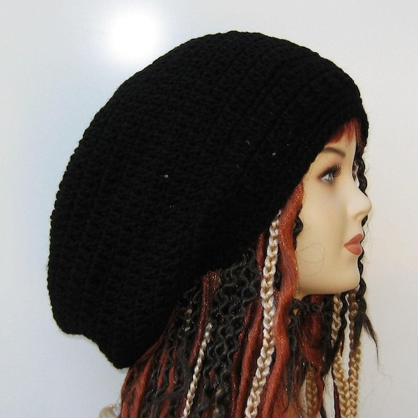 Dread Tam noir, bonnet ample couronne, grand chapeau souple, chapeau de dreadlocks, bonnet hippie Dread Hat rasta chapeau ample unisexe pour femmes ou hommes