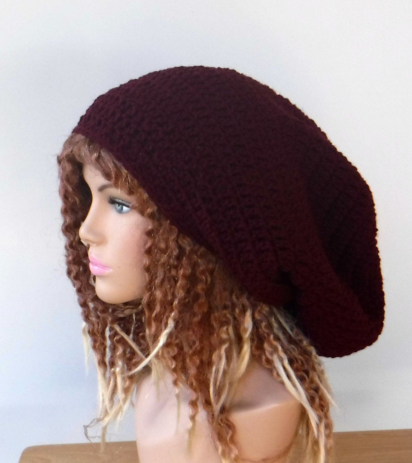 Dark burgundy slouchy beanie large dread tam dreadlocks hippie Boho woman man beanie slouch rasta Hat, claret wine red tam hat, mens dreads