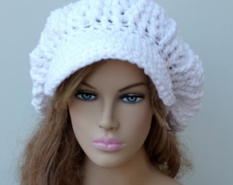 White newsboy cap, women teen Cap Visor Tam Hat Slouchy Newsboy Bill Beanie Billed, women newsboy hat, crochet visor beanie hat