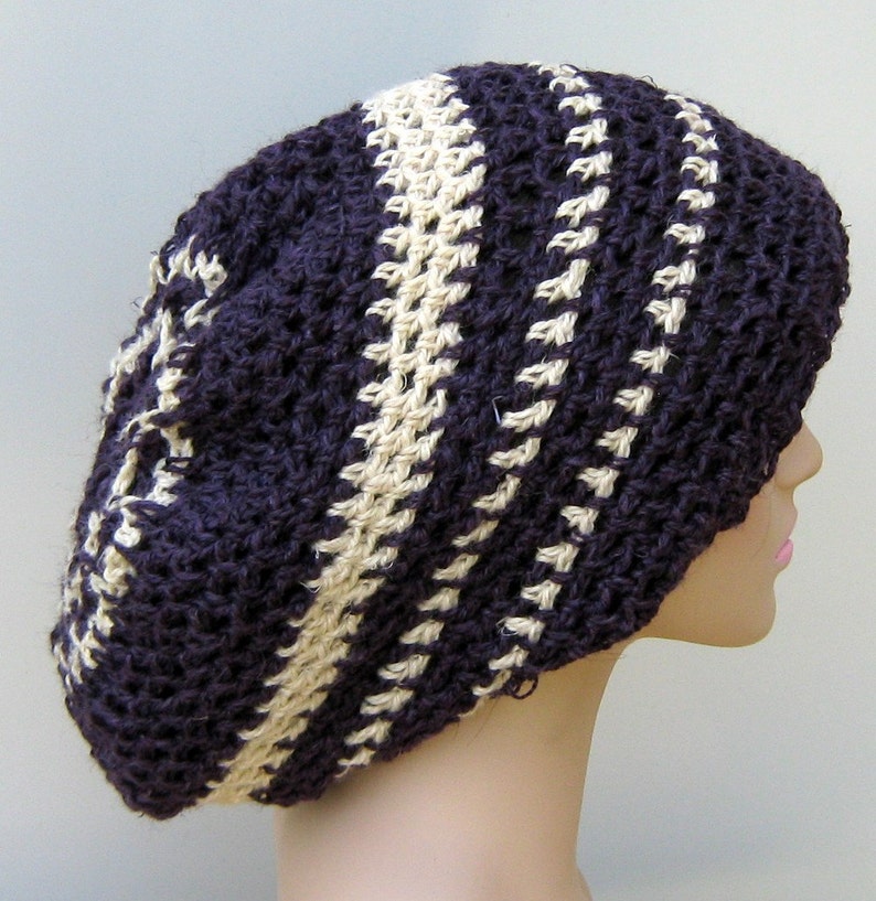 Hanf slouchy Hut, dunkel lila creme Hanf Wolle Tam Hat Dreadlocks Beanie Bild 3