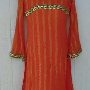 B Quality Orange Indian Vintage Kurta Dress Top Women/Kameez tunic top/XS S small Indian long sleeve blouse/South Asian long top side slit