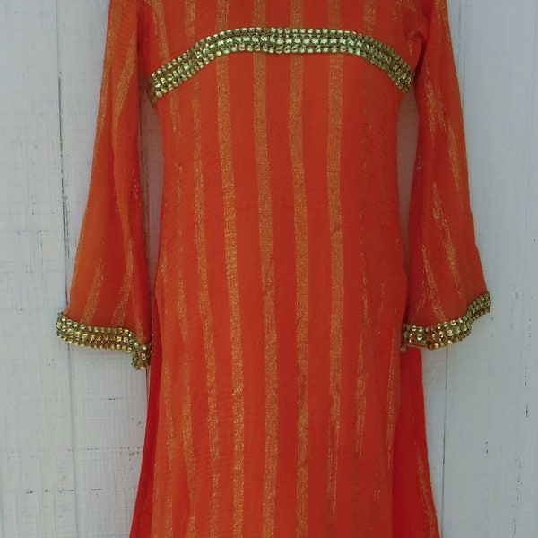 B Quality Orange Indian Vintage Kurta Dress Top Women/Kameez tunic top/XS S small Indian long sleeve blouse/South Asian long top side slit