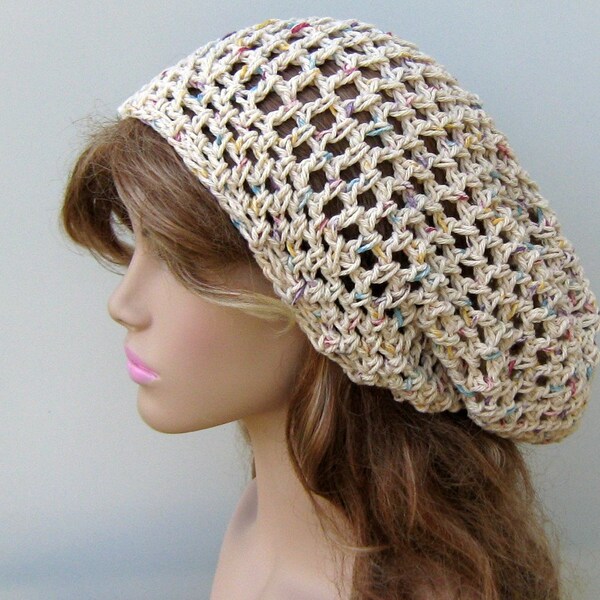 Potpourri Cotton Slouchy Beanie Women/Hippie smaller Dread Tam Hat/Slouchy Hat Women/Summer snood beanie hat/cream cotton beanie hat women