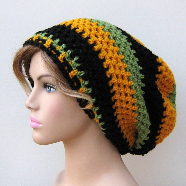 Handmade slouchy beanie, Jamaica Flag Inspired Slouchy Beanie Dread Tam Hippie Boho Hat, woman man slouch beanie hat, black gold green hat