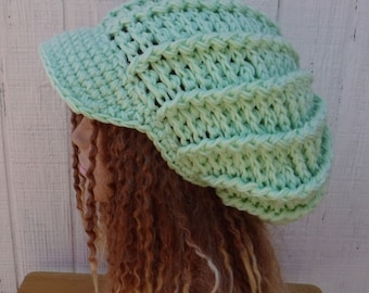 Minty Green Newsboy Hat Women/Visor Slouchy Beanie Women/mint green winter hat/chunky beanie women/thick crochet hat/billed slouchy cap