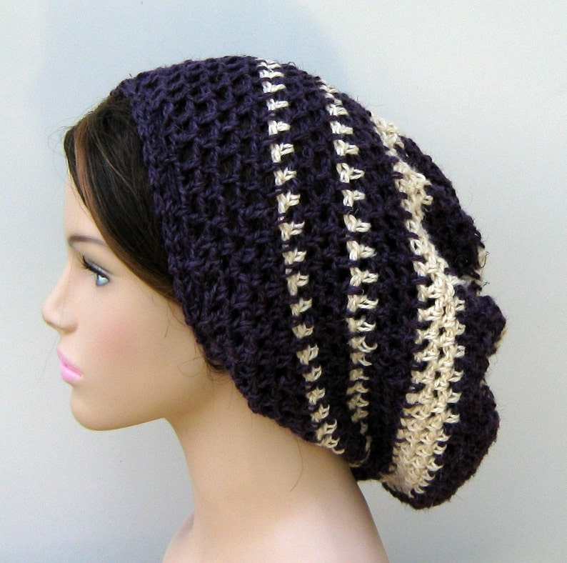 Hanf slouchy Hut, dunkel lila creme Hanf Wolle Tam Hat Dreadlocks Beanie Bild 1