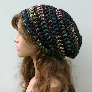 Crochet slouchy hat women, Soft Purple Blue Green hat, smaller Dread Tam beanie, Slouchy Beanie women/Handmade Hippie hat, Snood Hat women