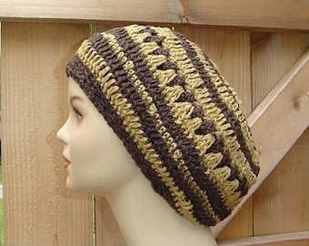 Slouchy beanie, dread beret hemp wool, slouch hat, woman man beanie, Bohemian Hippie hat brown curry stripes hat handmade crochet beanie hat