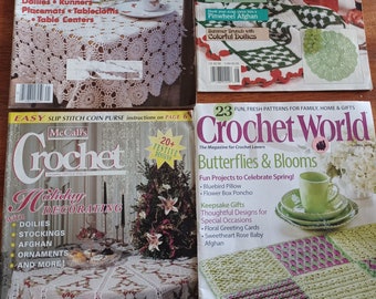 Crochet lot of 4 vintage Crochet Fantas/Crochet World/McCalls magazines/ornament blanket toys clothes patterns/home decoration mat doilies