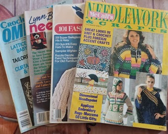 NEEDLEWORK McCalls Craft lot of 4 vintage 1970s knitting crochet sewing cross stitch magazines toys Afghans sweaters clothes  patterns